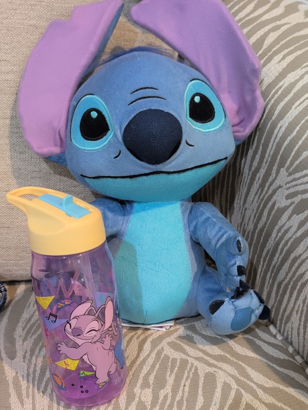 Disney Stitch Plush Stuffie And Plastic Cup With Flip Top Straw Bundle